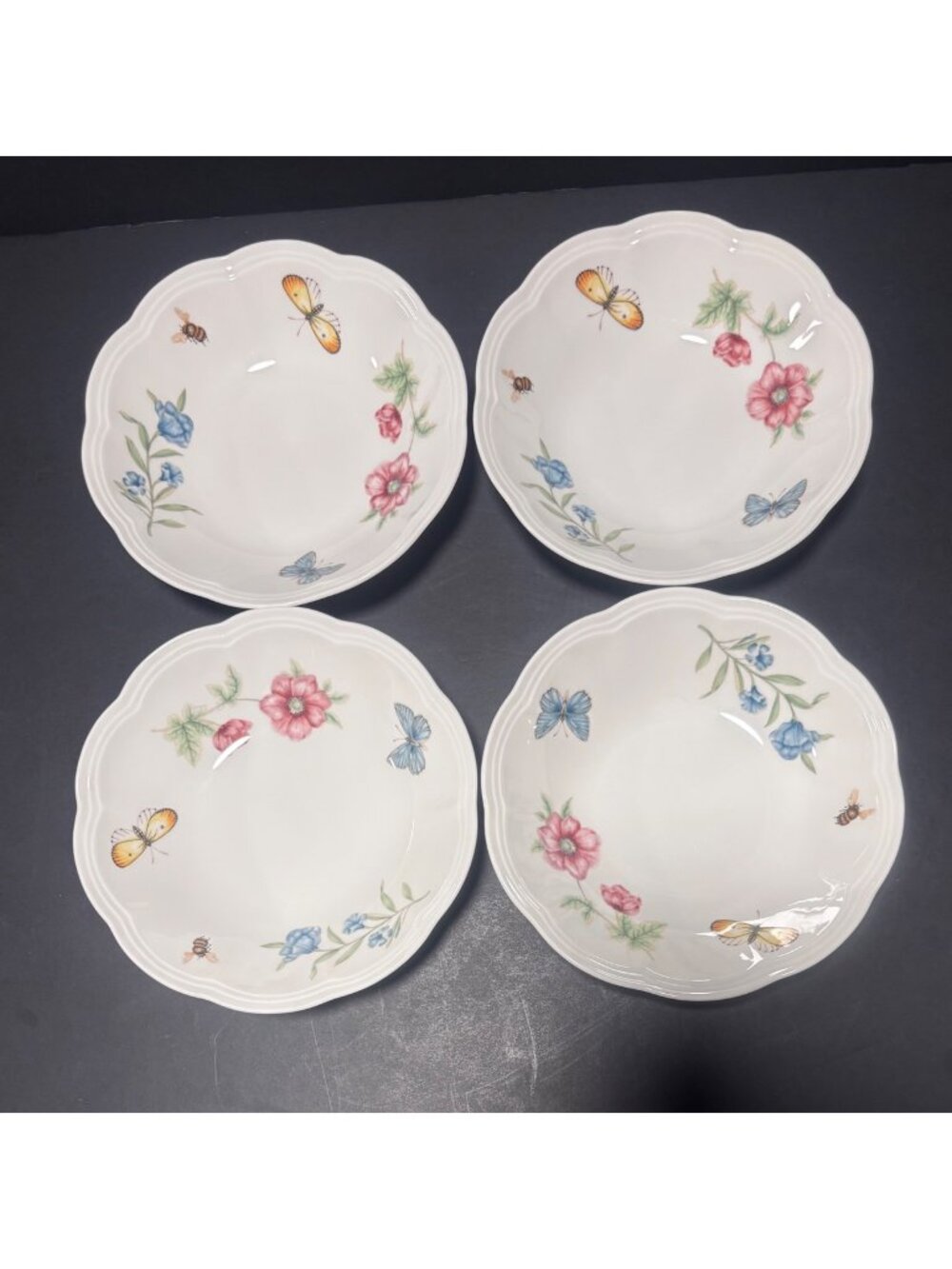 Lenox Butterfly Meadow Fruit Dessert Salad Bowls Set Of 4 Scalloped Ceramic VTG